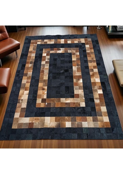 Kahverengi Siyah Patchwork Halı – El Yapımı Doğal Dana Derisi Oturma Odası Halısı