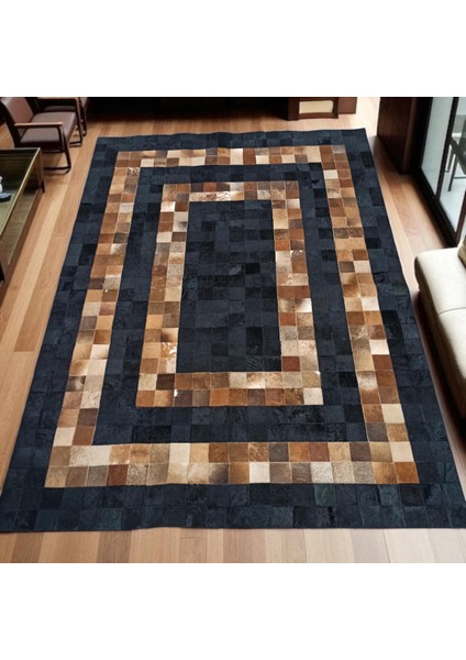 Kahverengi Siyah Patchwork Halı – El Yapımı Doğal Dana Derisi Oturma Odası Halısı modelleri