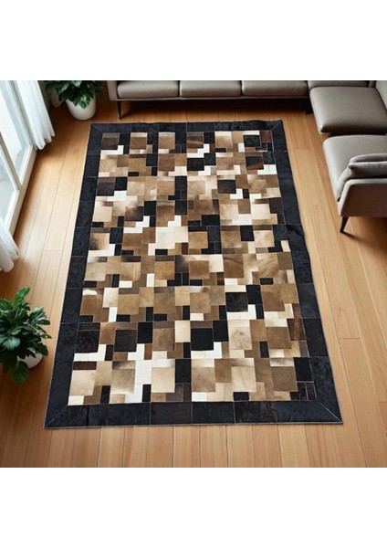 Doğal Dana Derisi Patchwork Halı – Kahverengi Siyah Beyaz Renkli El Yapımı Büyük Halı