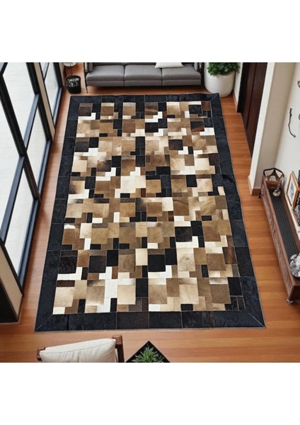 Doğal Dana Derisi Patchwork Halı – Kahverengi Siyah Beyaz Renkli El Yapımı Büyük Halı modelleri