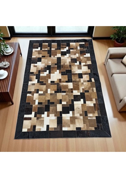 Doğal Dana Derisi Patchwork Halı – Kahverengi Siyah Beyaz Renkli El Yapımı Büyük Halı fırsatları
