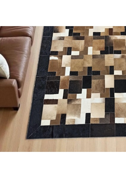 Doğal Dana Derisi Patchwork Halı – Kahverengi Siyah Beyaz Renkli El Yapımı Büyük Halı indirimleri