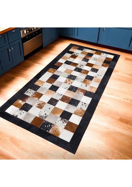 Kahverengi Tonları Dana Derisi Patchwork Halı – El Dokuma Hakiki Deri Lüks Koridor Halısı