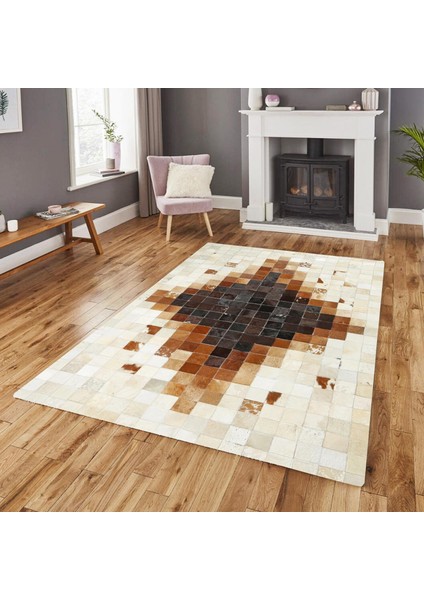 Kahverengi Doğal Dana Derisi Patchwork Halı – El Yapımı Hakiki Deri Lüks Mutfak Halısı