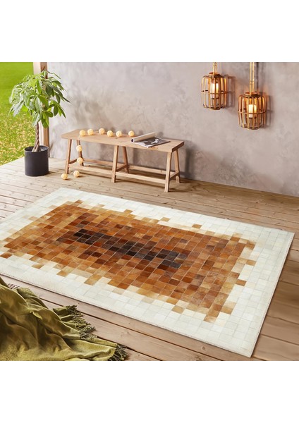 Kahverengi Krem Doğal Dana Derisi Patchwork Halı – El Yapımı Hakiki Deri Dekoratif Giriş Halısı