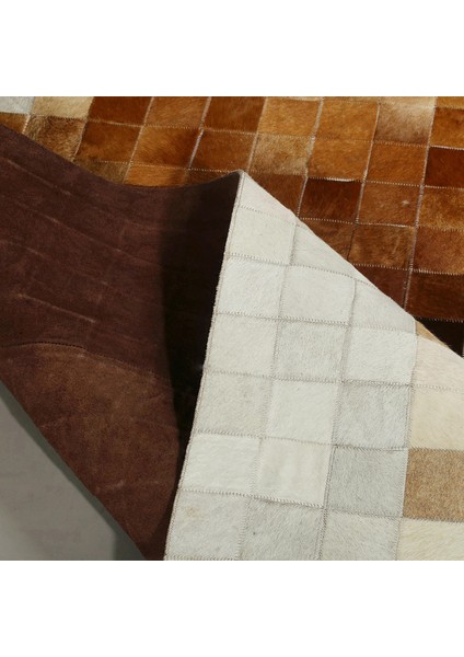 Kahverengi Krem Doğal Dana Derisi Patchwork Halı – El Yapımı Hakiki Deri Dekoratif Giriş Halısı modelleri