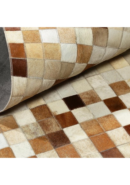 Kahverengi Krem Doğal Dana Derisi Patchwork Halı – El Yapımı Hakiki Deri Dekoratif Giriş Halısı fırsatları