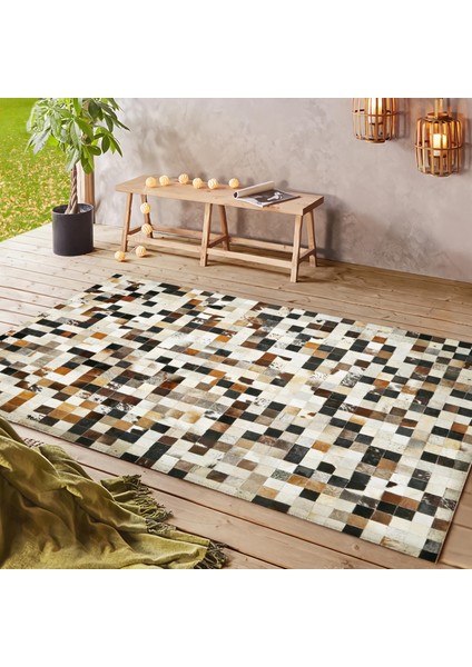 Çok Renkli Dana Derisi Patchwork Halı, Doğal Renkli Kaymaz Tabanlı Halı