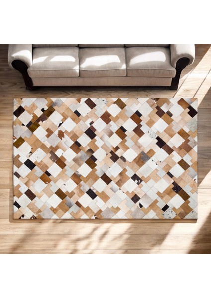 Dana Derisi Patchwork Halı – Kahve Tonlu El Yapımı Modern Salon Halısı