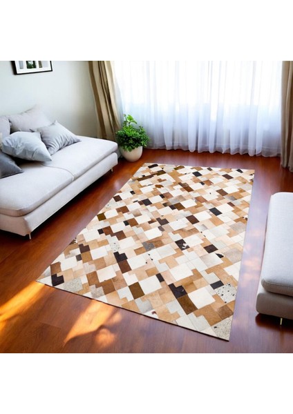 Dana Derisi Patchwork Halı – Kahve Tonlu El Yapımı Modern Salon Halısı fiyatları
