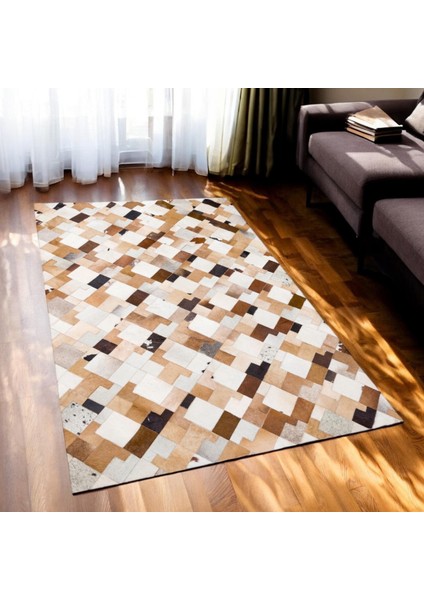 Dana Derisi Patchwork Halı – Kahve Tonlu El Yapımı Modern Salon Halısı modelleri