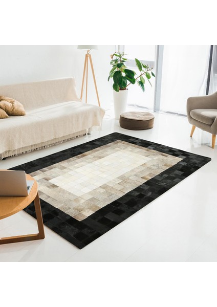 Bej Siyah Dana Derisi Patchwork Halı – El Dokuma Hakiki Deri Şık Giriş Halısı