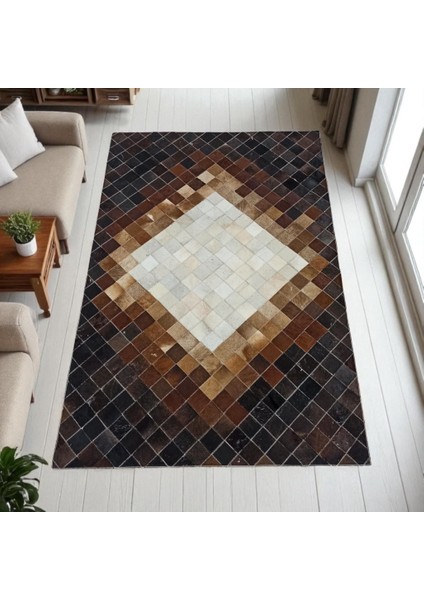 El Yapımı Koyu Kahve Patchwork Halı – Beyaz Kare Desenli Dana Derisi Şık Ortam Halısı