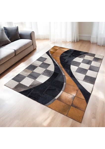 Üç Renkli Dana Derisi Patchwork Halı - El Yapımı Halı