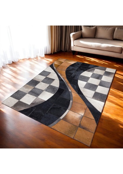 Üç Renkli Dana Derisi Patchwork Halı - El Yapımı Halı fiyatları