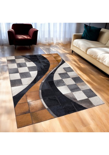 Üç Renkli Dana Derisi Patchwork Halı - El Yapımı Halı fırsatları