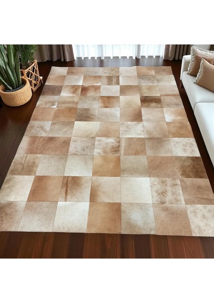 Doğal Bej Dana Derisi Patchwork Halı, Kaymaz Tabanlı Hakiki Deri Halı, Dekoratif Modern Tasarım modelleri