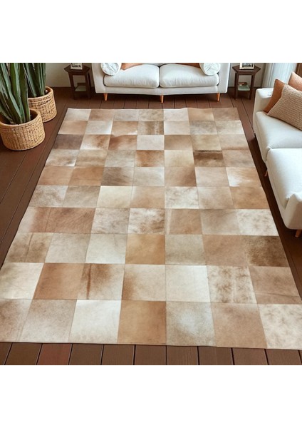Doğal Bej Dana Derisi Patchwork Halı, Kaymaz Tabanlı Hakiki Deri Halı, Dekoratif Modern Tasarım fırsatları