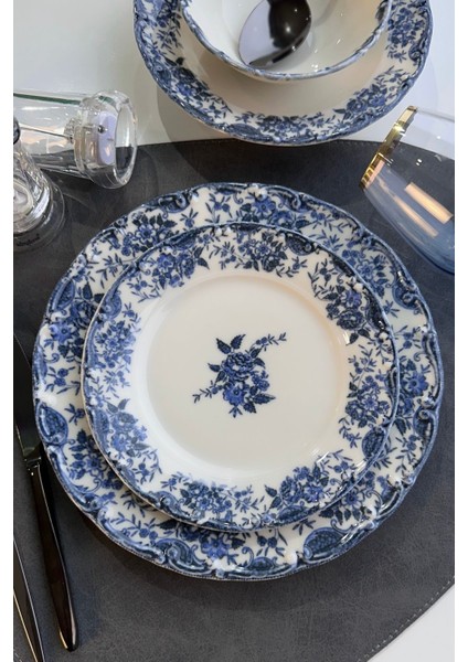 6 Kişilik Mavi Porselen Pasta Tabağı Takımı, 19 Cm, Özel Tasarım