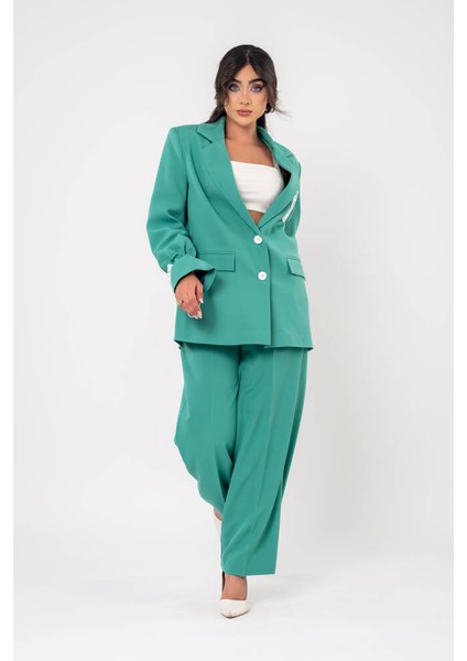 Etiket Baskılı Kol Detaylı Blazer Ceket Palazzo Pantolon Takım TKM16014 fırsatları