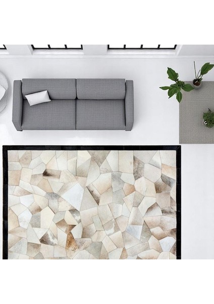 Açık Renkli Dana Derisi Patchwork Halı, Modern Tasarımlı El Dokuma Halı, Kaymaz Tabanlı Dekoratif Halı