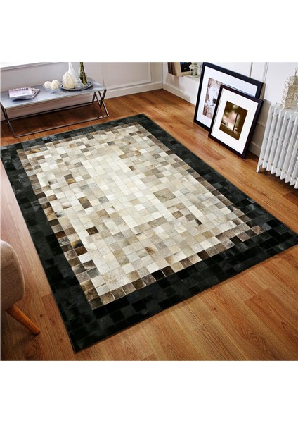 Siyah Köşeli Bej Dana Derisi Patchwork Halı – El Dokuma Hakiki Deri Şık Giriş Halısı