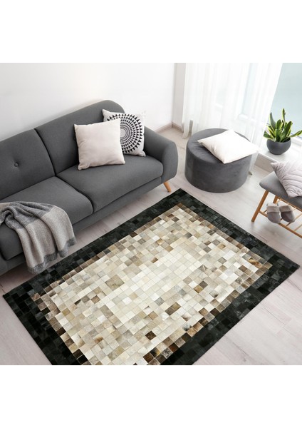Siyah Köşeli Bej Dana Derisi Patchwork Halı – El Dokuma Hakiki Deri Şık Giriş Halısı fiyatları