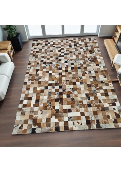 Küçük Kareli Dana Derisi Patchwork Halı – Kahve Tonlarında El Yapımı Şık Salon Halısı fırsatları