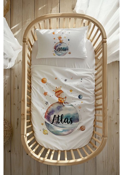 %100 Pamuk Saten Bebek Beşik Nevresim Takımı, Küçük Prens Temalı, 60X100 cm