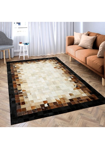 Bej Kahverengi Gerçek Dana Derisi Halı – El Yapımı Patchwork Deri Halı Tasarımı