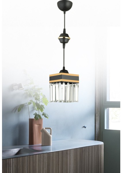 Şık Siyah Kristal Sarkıt Avize, Sarı Şeritli Kare Tasarım