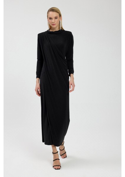 Siyah Drape Detaylı Elbise