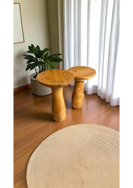 Doğal Tik Renk 2’li Ahşap Zigon Sehpa Takımı – Masif Yan ve Fiskos Sehpa