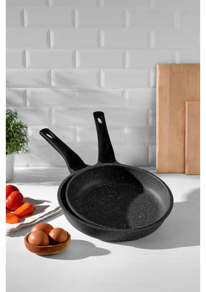 Siyah 2 Parça Alüminyum Döküm Granit Tava Takımı 20-24 cm