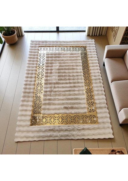 Krem Rengi Modern Desenli Peluş Halı, Şık Ev Halısı