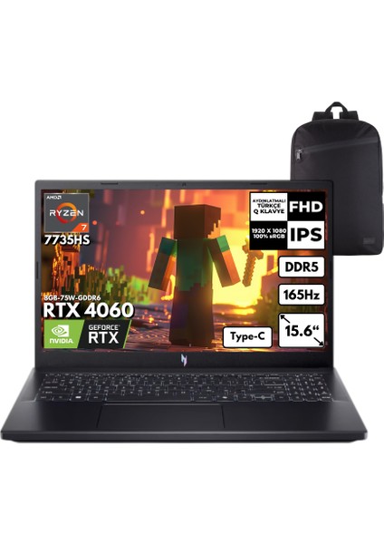 Nitro V15 ANV15-41 Ryzen 7-7735HS 40-Gbddr5 1 Tbssd RTX4060 15.6" Freedos Taşınabilir Bilgisayar + Hmf Sırt Çantası NH.QSFEY.001HMF5