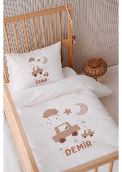 %100 Pamuk Saten Bebek Yatak Nevresim Seti, Araba ve Bulut Desenli, Isme Özel, 100X150