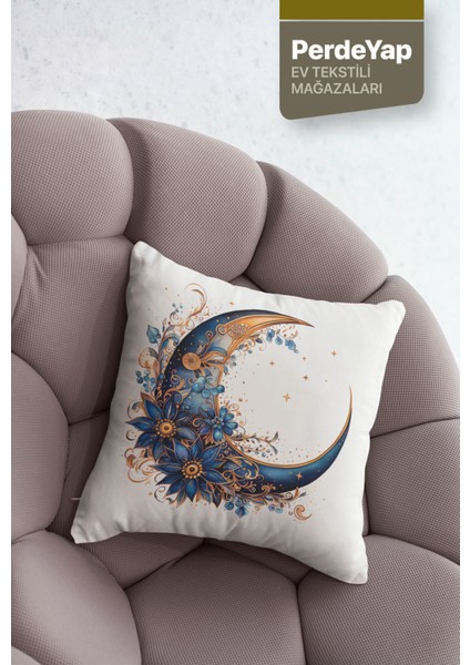Mavi Çiçek ve Hilal Desenli 4lü Dijital Baskılı Dekoratif Kırlent Kılıfı 43 x 43 cm 051 modelleri