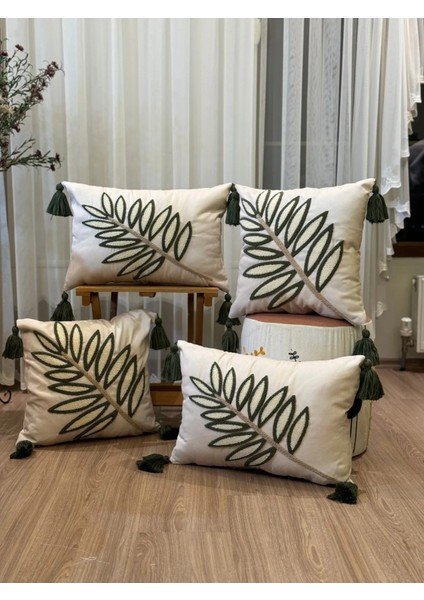 4'lü Punch Işlemeli Nakışlı Dekoratif Kırlent Kılıfı