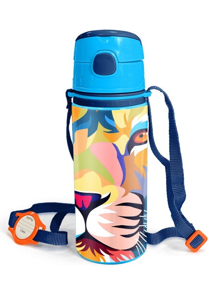 Lacivert Aslan Desenli Pipetli Alüminyum Matara 600 ml