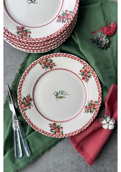 6 Kişilik 25 cm Özel Tasarım Porselen Servis Tabağı Takımı, Kırmızı ve Yeşil Renk Seçenekleri