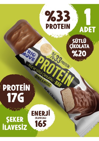 Çikolata Kaplamalı Protein Bar - Muz ve Sütlü Çikolatalı, %33 Protein, 50 G x 9 Adet