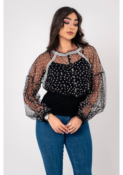 Papatya Nakışlı Bel ve Kol Lastik Astarlı Bluz BLZ6034 fırsatları