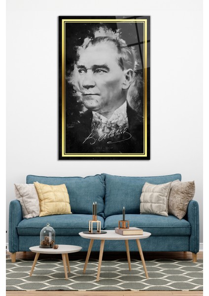 Gold Şeritli Gri Atatürk Imzalı Cam Tablo, Ev Ofis Dekoru Hediyelik Duvar Dekorasyonu Kırılmaz Cam modelleri