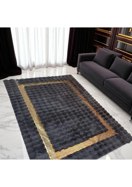 Altın Şeritli Koyu Gri Modern Peluş Halı, Lüks Ev Halısı, Kaymaz Taban