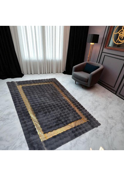 Altın Şeritli Koyu Gri Modern Peluş Halı, Lüks Ev Halısı, Kaymaz Taban modelleri
