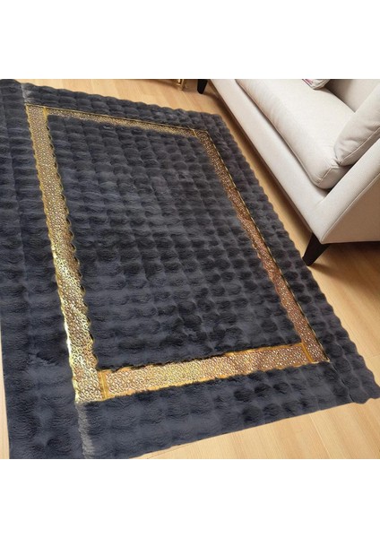Altın Şeritli Koyu Gri Modern Peluş Halı, Lüks Ev Halısı, Kaymaz Taban fırsatları