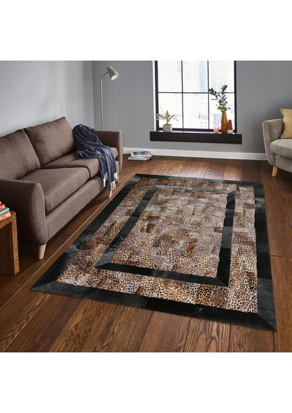 Siyah Kenarlı Leopar Desenli Dana Derisi Halı, Kaymaz Taban Halı, Lüks Salon Halısı