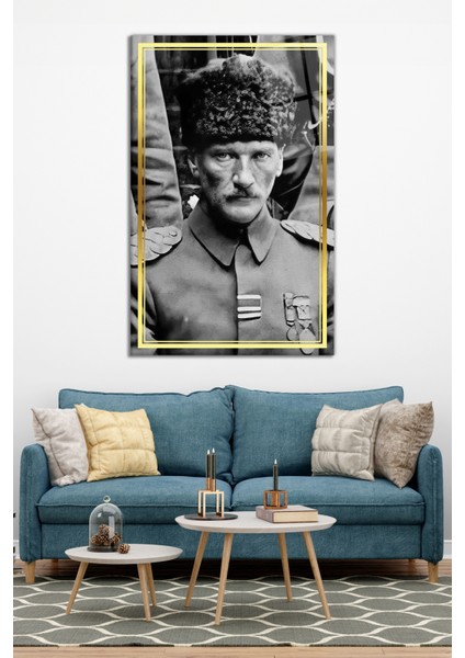 Gold Şeritli Gri Cephede Atatürk Portresi Cam Tablo, Ev Ofis Dekoru, Hediyelik Duvar Dekorasyonu modelleri