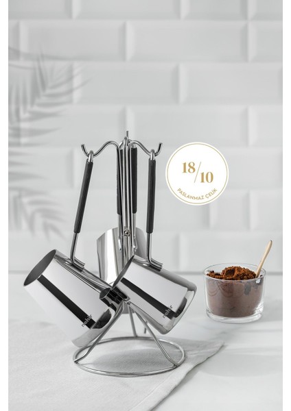 Paslanmaz Çelik 4 Parça Standlı Cezve Seti, Dayanıklı ve Şık Mutfak Aksesuarı